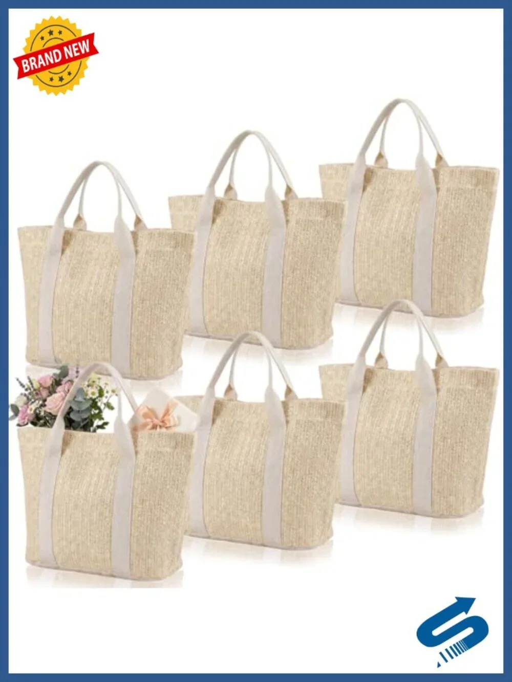 6-Pack Handwoven Burlap Tote Bag Set with Reinforced Handles